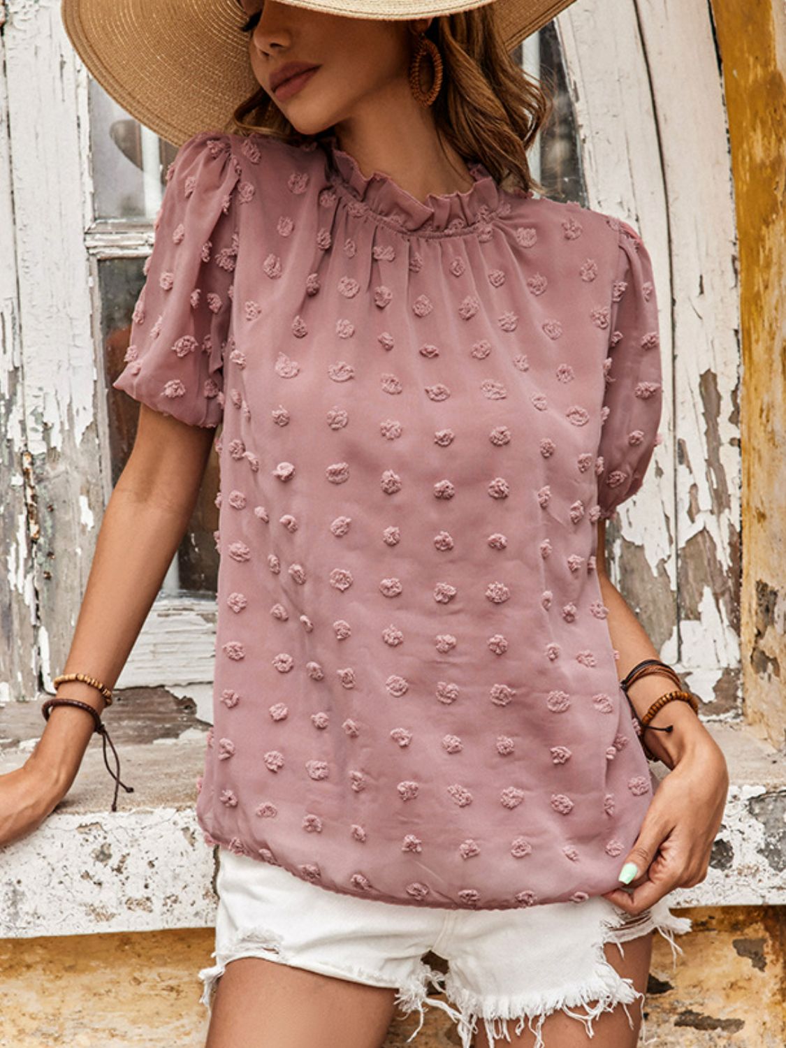 Swiss Dot Ruched Frill Trim Top